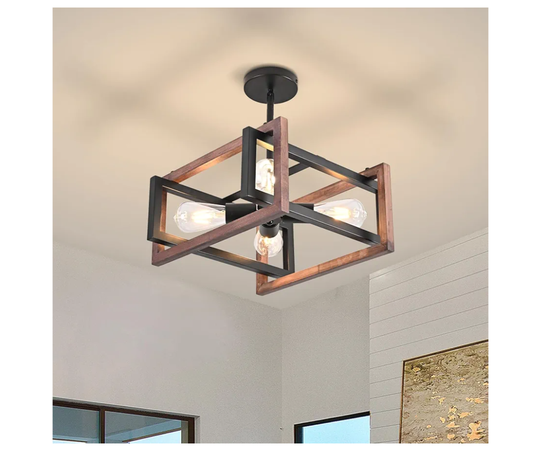 HuisMier 4Light Farmhouse Ceiling Light Fixtures, Rustic Wood and Metal Semi Flush Mount Ceiling Light Black Industrial Chandelier for Dining Room Hallway Kitchen Entryway Bedroom Living Room