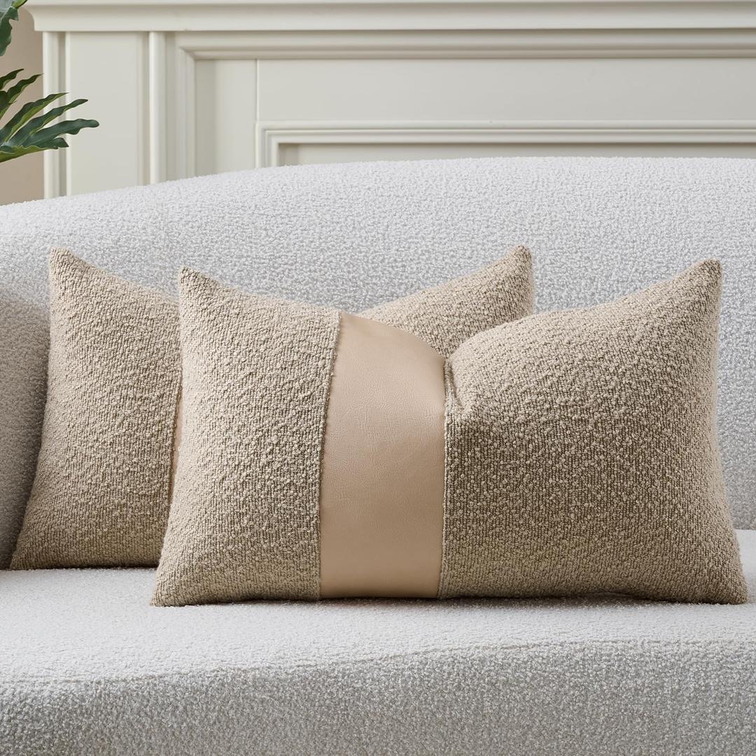Pack of 2 Faux Leather Boucle Throw Pillow Covers 20"x12" Neutral Beige Chic Accents Textured Rectangular Lumbar Decorative Pillow Cases for Living Room Couch Bed Farmhouse Boho Home Decor