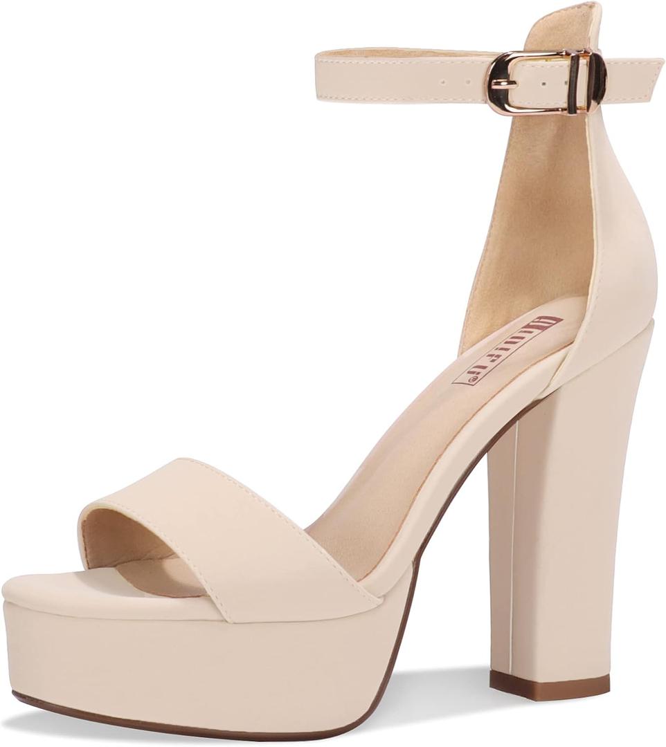 IDIFU Women's Platform Chunky High Heel Sexy Sandals Ankle Strap Open Toe Heeled Shoes for Wedding Party Evening (Nude Nubuck, 6.5 M US)
