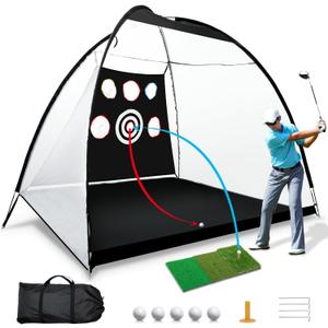 Automatic Ball Return Golf Practice Net - 10x7ft, Tri-Turf Hitting Mat, Indoor/Outdoor, Black