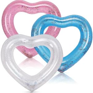 3 Pieces Inflatable Heart Pool Float, Glitter Inflatable Swim Rings Bachelorette Party Pool Float Tube, Heart Shaped Summer Swimming Ring, Water Beach Party for Adults   (Pink, Blue, Silver)