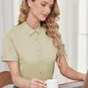 Wrinkle Free Button Down Shirts for Women Charm Slim-Fit Short Sleeve Formal Solid Dress Shirt Blouses Tops (Beige, M)