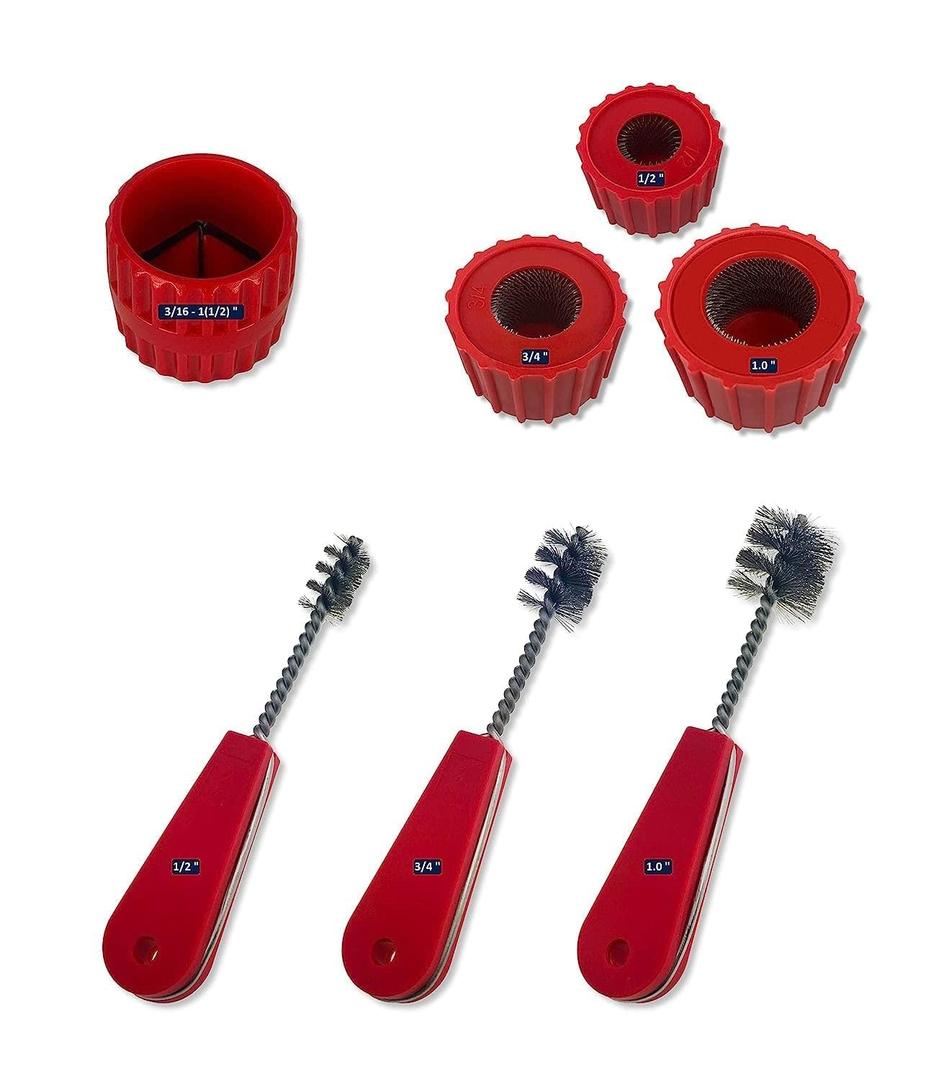 Copper Pipe Cleaner Set [7PC_3-Size] 3 Pipe Cleaning Brushes 3 Fitting Cleaners and 1 Reamer, Clean 1/2, 3/4, 1.0-Inch Pipes & Fittings for Soldering