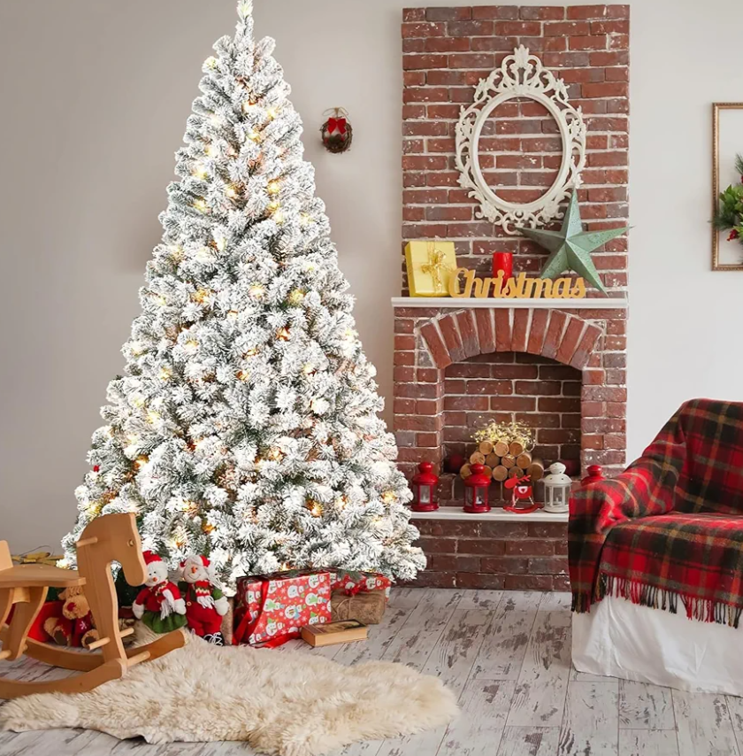 5FT Pre-Lit Flocked Christmas Tree with 150 Warm White Lights, Full White Christmas Tree with Premium PVC Branches,Realistic Snowy Look, Indoor Fake Snow Xmas Tree for Home Office Shops
