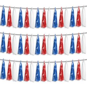 3P Red Blue White Foil Fringe Metallic Tassel Streamers Banner Tassel Garland for Parade Floats, Bachelorette, Wedding, Birthday, Halloween, Christmas, Bridal/Baby Shower Party Decorations
