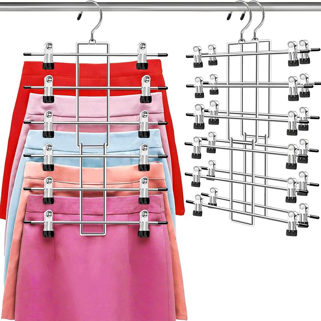 Pants Hangers with Clips,Space Saving Hanging Closet Organizer-6 Tiers Skirt Hangers with 360 Swivel Hook,Closet Organizer-Clothes Hangers- College Dorm Essentials Apartment Essentials-2 Pack