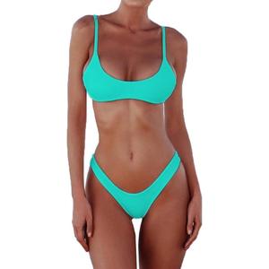 SherryDC Women's Solid Scoop Neck Push Up Padded Brazilian Thong Bikini Swimsuit Bathing Suit (Medium, Lake Green)