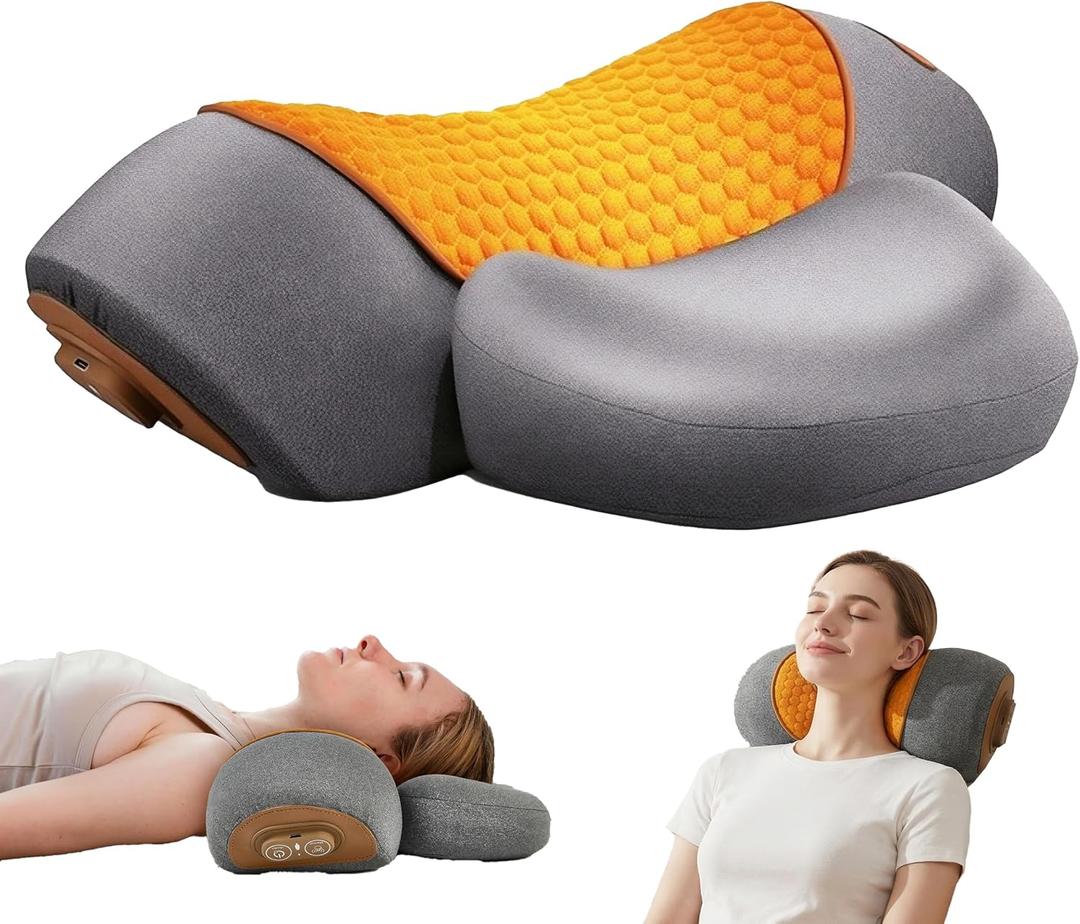 LLCHGBF 3-in-1 Neck Massager Pillow with Heat, Vibration & Airbag Traction, Ergonomic Memory Foam Cervical Support Pillow for Neck & Shoulder Comfort(Used plugged in, Without Battery)