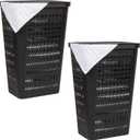 Mind Reader Slim Tapered Laundry Hampers with Lid, Clothes Basket with Swiss Cross Cut-Outs, Lightweight & Ventilated, Plastic, Set of 2, Black, 16.75" x 12.75" x 23"