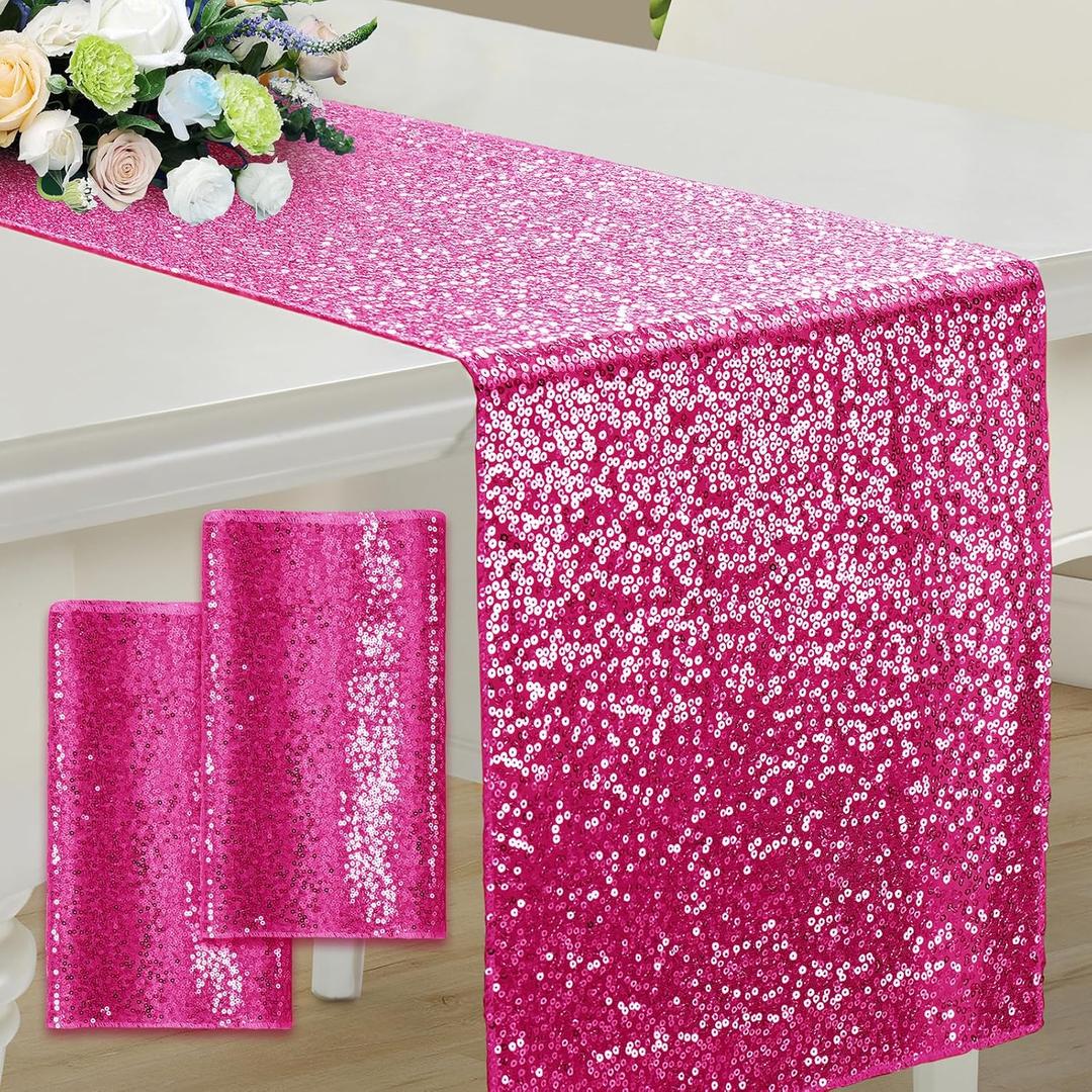 RUDONG M 2 Pack Hot Pink Sequin Table Runner 12 x 108 Inch, Rectangle Glitter Table Runner Dining Table Centerpiece Decorations for Weddings, Banquet, Holiday, Birthday Party