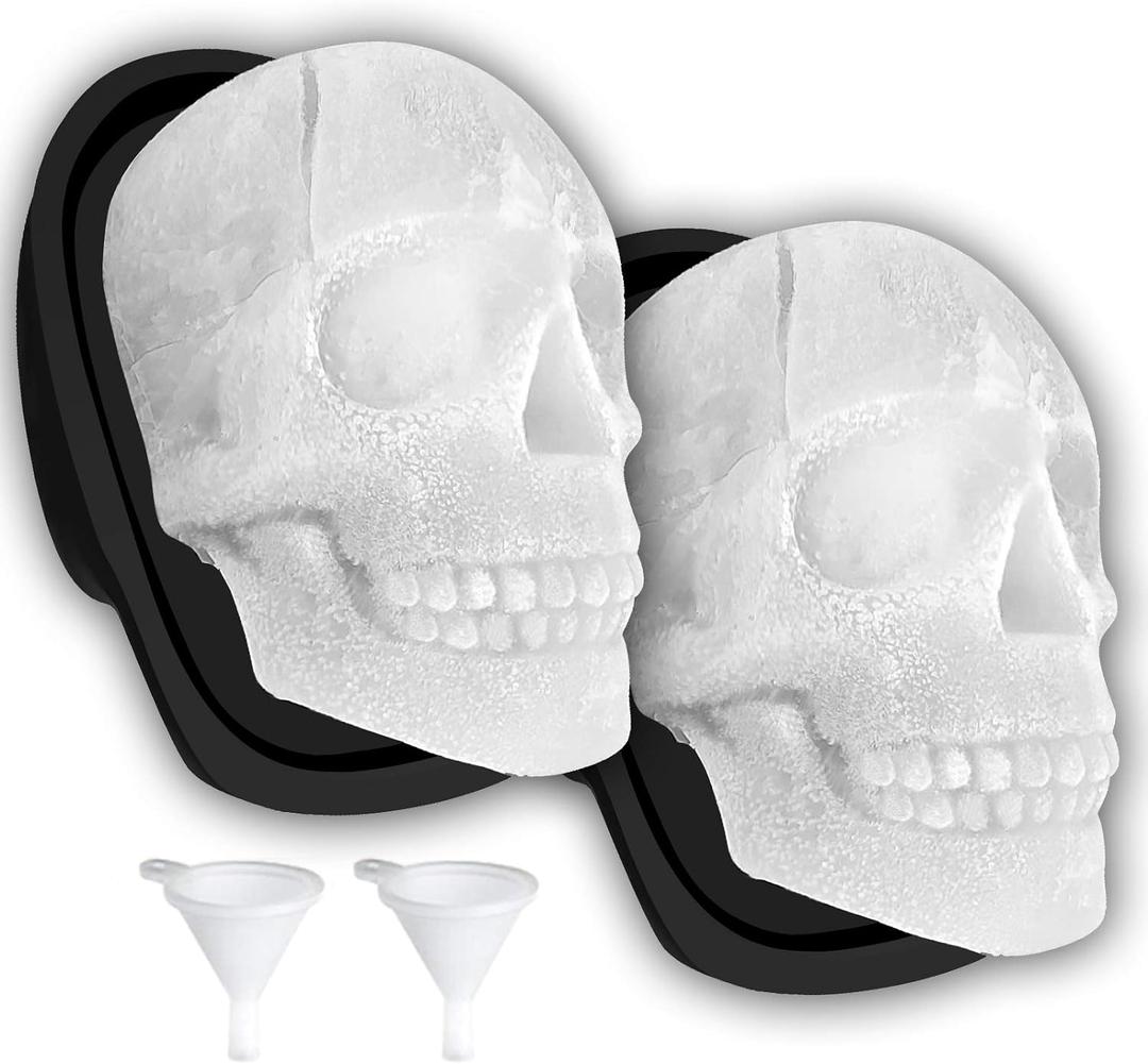 Extra Large 3D Skull Ice Cube Mold Silicone Ice Molds for Whiskey Ice Cube Trays with Funnel for Big Mouth Cup Skull Ice Maker with Resin Chocolate sugar Whiskey Ice Mold for Parties (2 PCS)