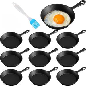 Remerry 10 Sets 4 Inches Cast Iron Skillets Mini Black Iron Nonstick Frying Pan Small Sizzling Plate Egg Pan Cast Pot Bundle with Oil Brush for Indoor and Outdoor Restaurant Kitchen