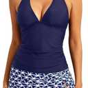 Yonique 2 Piece Swimsuits for Women Halter Tankini Top with Skirt Bottom Tummy Control Bathing Suit (Large, Navy Blue)