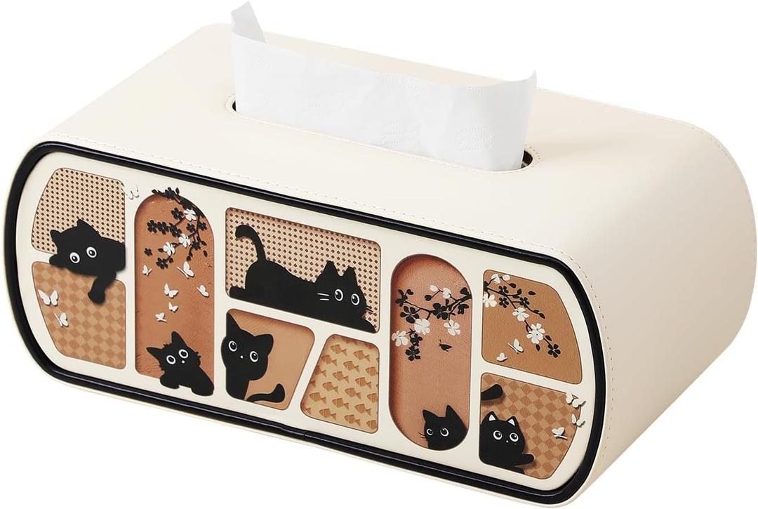Cat-Themed Tissue Box Cover with Curved Edge, Rectangle Tissue Box Holder for up to 4 Inches High Boxes (Beige)