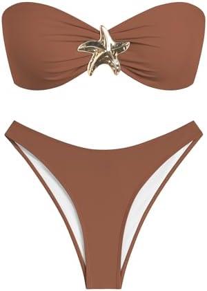 ZAFUL Womens Bandeau Bikini Set Metallic Sparkly O Ring Lace Up Tie Side High Cut Tanga Sexy Bathing Suit Swimwear Small