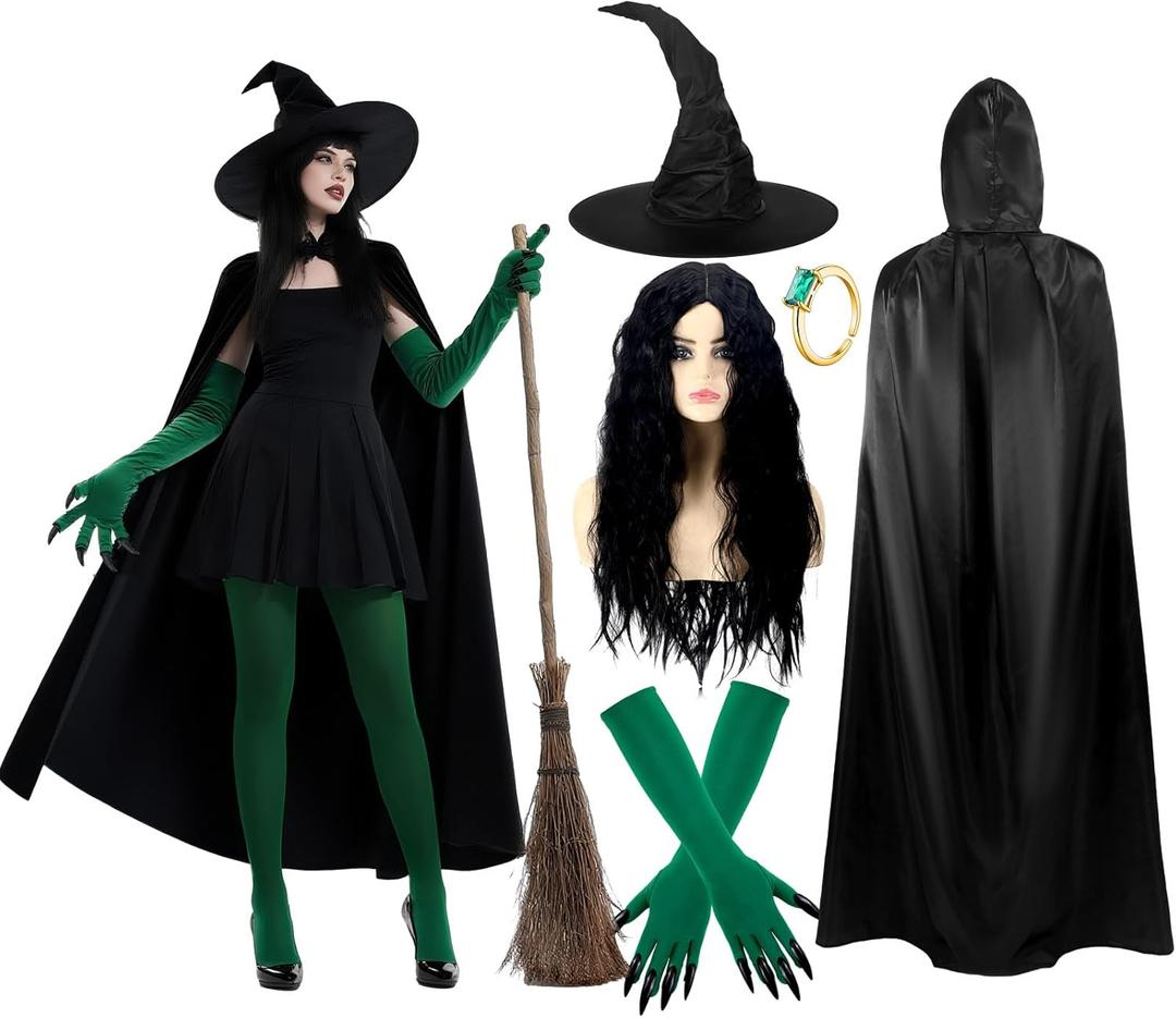 Berlune 7 Pcs Halloween Witch Costume Set for Women Black Witch Hat Cape Black Long Hair Green Gloves Velvet Stockings Rings Movie Halloween Outfit Party Cosplay