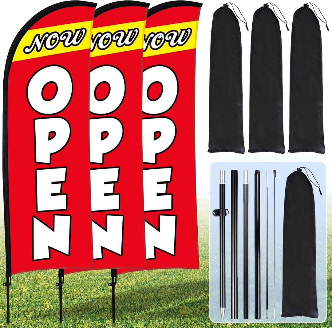 Buryeah 3 Sets Now Open Feather Flag Pole Kit 7 ft for Business Advertising Open Flag Banner Sign with Pole Kit Ground Stake and Portable Bag for Outside Ground, Red