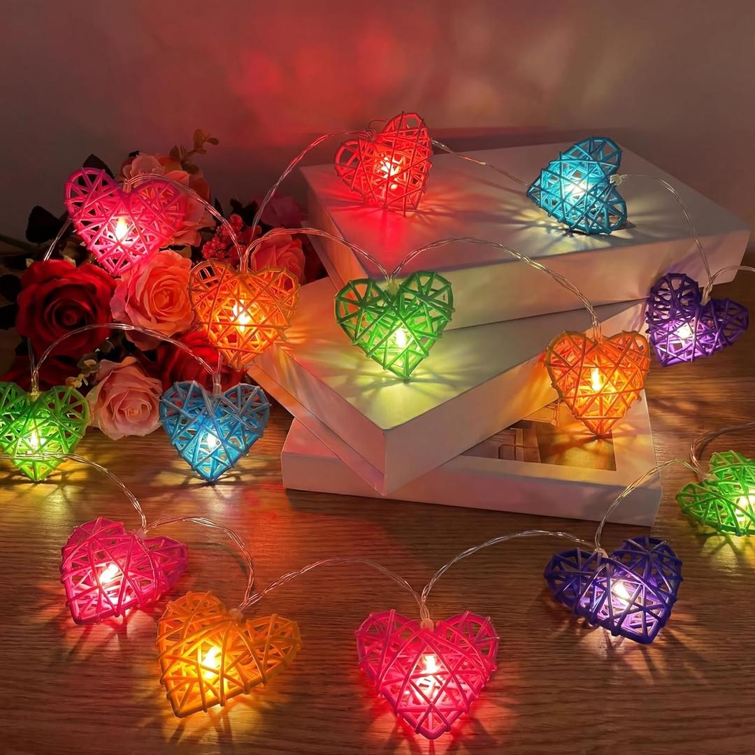 Valentine's Day Heart String Lights - Valentines Decor 3D Hollowed Rattan 9.8ft 20 LED Candy Color Love Lights, Battery Powered, Multi-Color