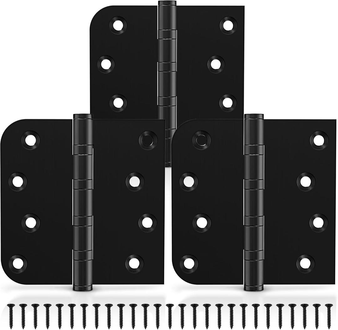 KOLET Ball Bearing Door Hinges, 4 x 4 Inches Door Hinges, Square and 5/8'' Radius Corner, Heavy Duty Stainless Steel Hinges, Smooth and Quiet, Non Removable Pin, Matte Black, 3 Pack