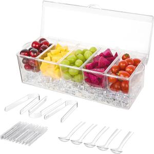Ice Chilled Condiment Tray with 5 Containers, Large Condiment Caddy Server with Lid and Removable Compartments, Clear Serving Tray Holder on Ice for Taco Salad Mimosa Bar Party Garnish