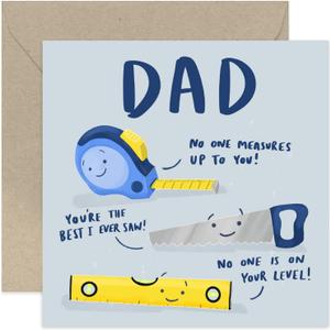 2 x Old English Co. No One Measures Up To You Card for Dad - Birthday Card for Dad - Fun Birthday Greeting Card for Him Men - Fun DIY Tools Pun Card from Son Daughter Father's Day | Blank Inside