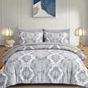 WONGS BEDDING Grey Comforter Set King Size, Damask Texture 7 Pieces Gray Bed in a Bag Microfiber Boho Comforter Bedding Sheet Set with Comforter, Flat Sheet, Fitted Sheet,Pillow Shams,Pillowcases