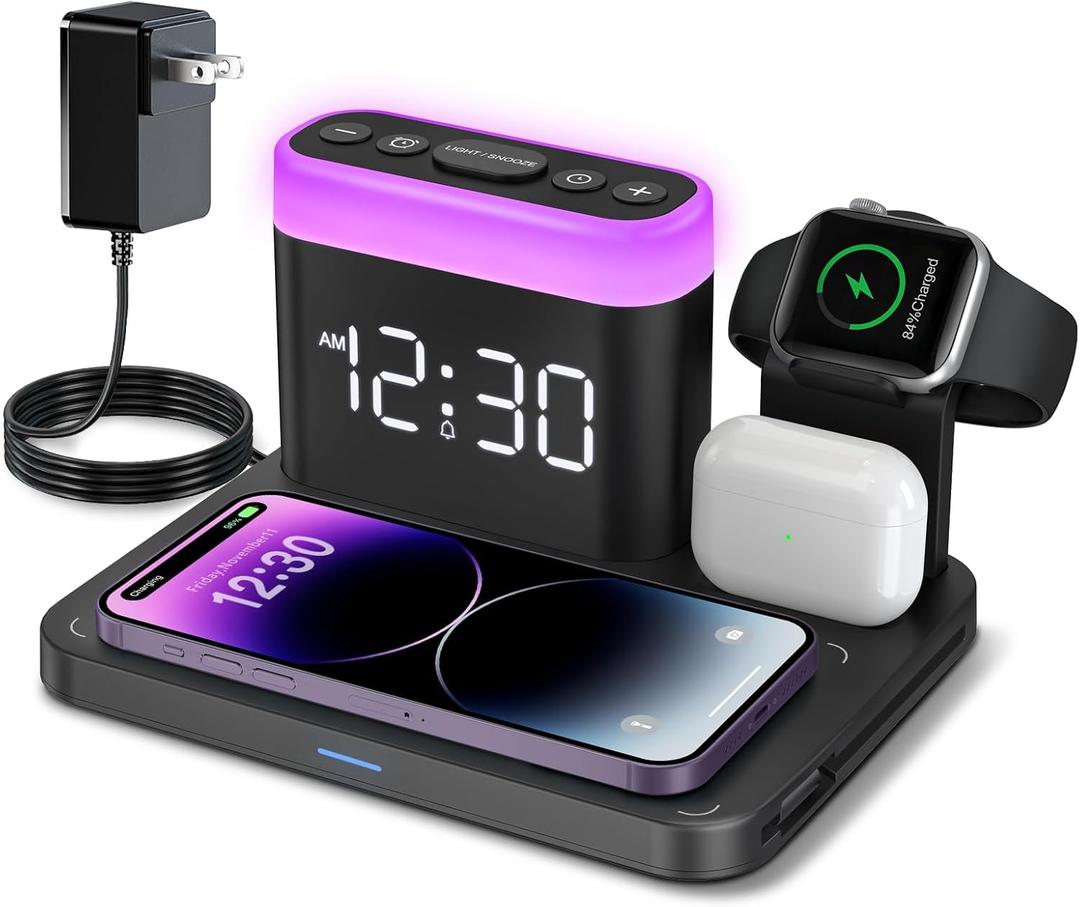 ANJANK Wireless Charging Station,5 in 1 Multiple Charger Stand with Alarm Clock,7 Night Light,Mag-Safe Charging Dock for iPhone 17 16 15 14 13 12 Pro Max Plus,Apple Watch 11/10/9/8,for Airpods,Bedroom (Black)