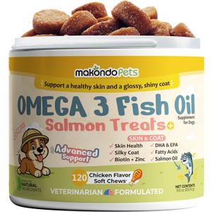 Omega 3 Soft Chews Salmon Oil for Dogs Skin and Coat Support, Itch Relief & Shedding Support EPA & DHA Dog Fish Oil Fatty Acids 120 Chews by Makondo Pets.