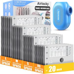 Travel Vacuum Bags with Rechargeable Pump, 20 Pack Compression Packing Bags with 35KPA Electric Pump, 90% Space Saver for Clothes, Vacuum Seal Bags fo Carry-on Luggage Suitcase, 20 Combo Travel Sizes