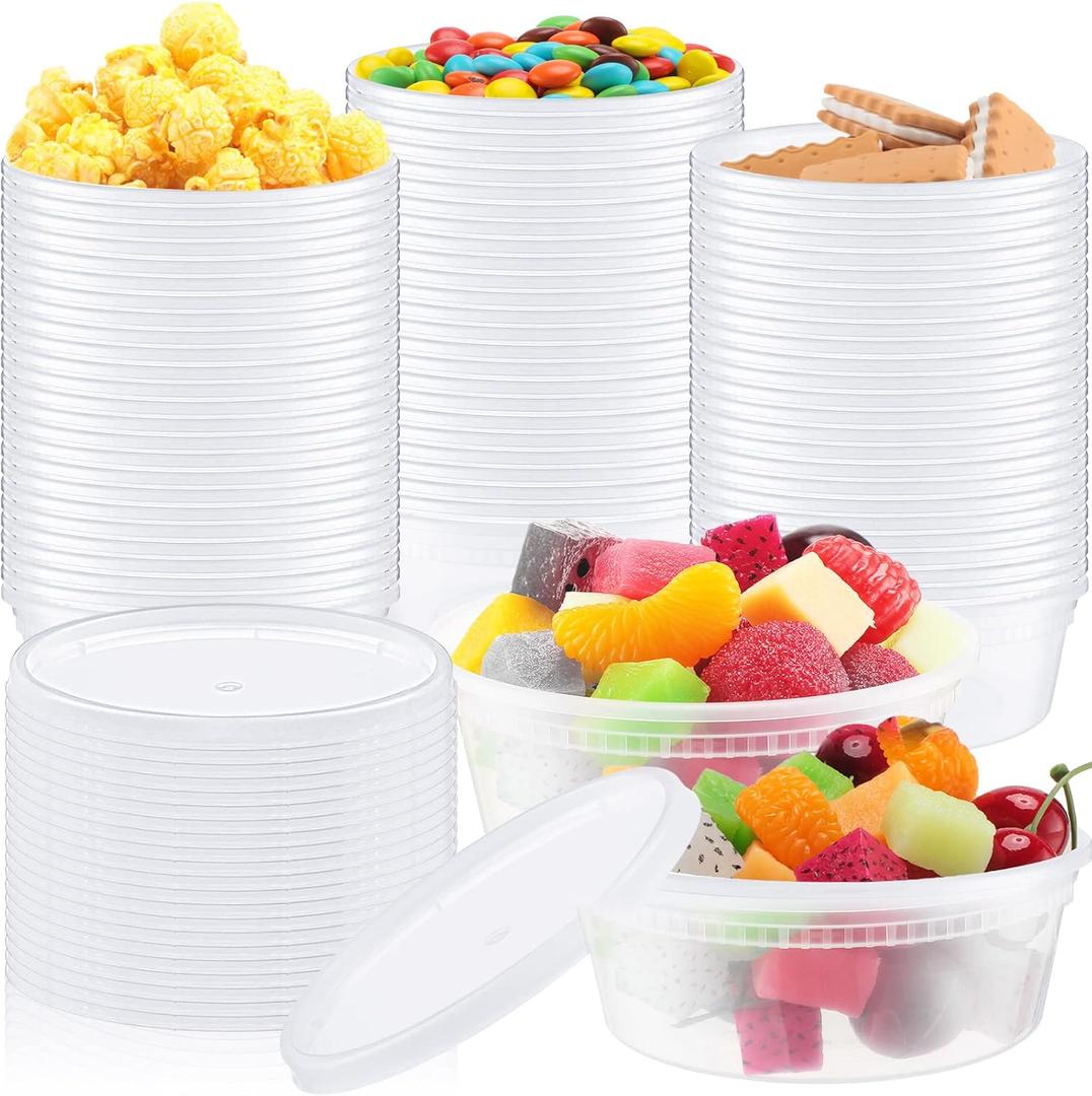 Thenshop 100 Pcs 8 oz Deli Containers with Lids Food Storage Plastic Snack Freezer Containers for Food Soup Yogurt Ice Cream Juice