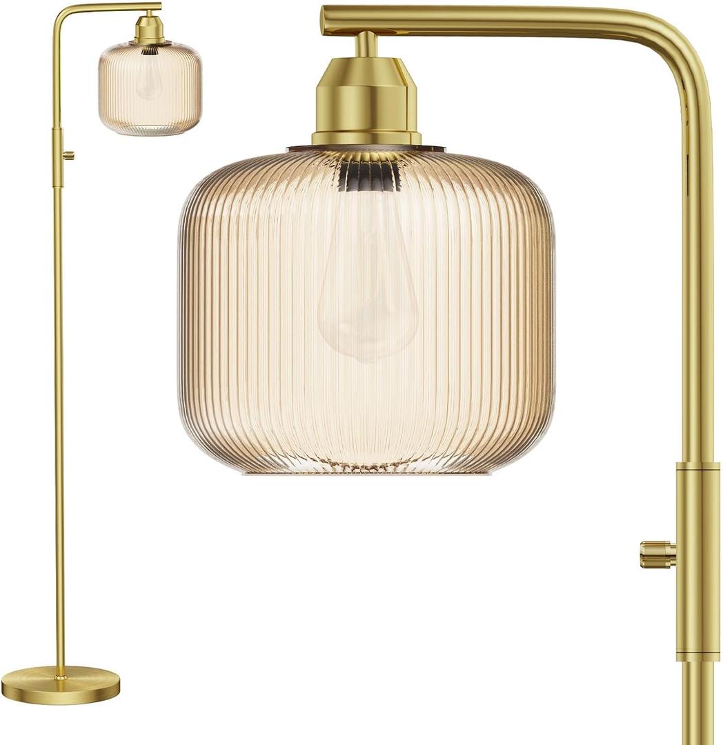 Glass Floor Lamp for Living Room, Modern Standing Lamp with Champagne Gold Ribbed Glass Lampshade, Stepless Dimmable Rotary Switch, 66 Tall Lamp & Gold Floor Lamp for Bedroom Study Room,Brushed Gold