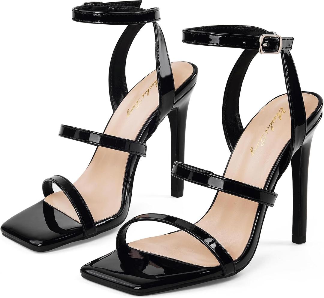 Elisabet Tang Womens Crystal Stilettos Heeled Sandals, 4 Inch Square Open Toe Strappy Sexy High Heels Ankle Strap Buckle Heels for Party Wedding Dress Daily Wear Shoes (Black)