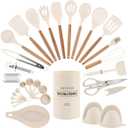 Country Kitchen Non Stick Silicone Utensil Set with Rounded Wood Handles for Cooking and Baking, 38 Piece Set, Khaki