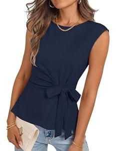 MEROKEETY Tops for Women Dressy Casual 2026 Summer Tie Front Boat Neck Cap Sleeve Business Work Blouses Shirts, Navy, Medium