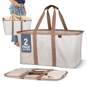 CleverMade Collapsible Laundry Tote 2-Pack (50L) Foldable Carry-All Storage Bin for Laundry, Car Trunk, RV, Dorm & Home Organization LUXE Cotton Blend with Vegan Leather Accents, Cream