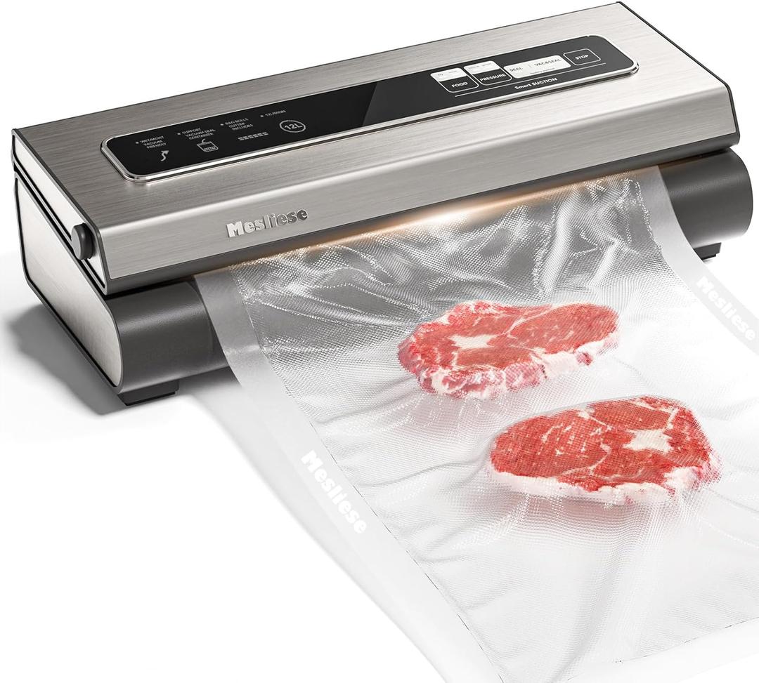 Mesliese Vacuum Sealer Machine Powerful 90Kpa Precision 6-in-1 Compact Food Preservation System with Cutter, 2 Bag Rolls & 5 Pre-cut Bags, Widened 12mm Sealing Strip, Dry & Moist Modes (Silver)