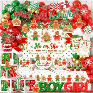 Christmas Gingerbread Gender Reveal Decorations Red Green Christmas Gender Reveal Paper Plates Napkin Tablecloth Balloons Boxes Tablecloth Backdrop Cake Topper for Xmas Baby Shower Party Decor