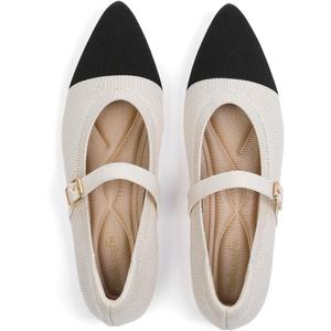 Women's Pointed Toe Knit Mary Jane Ballet Flats for Office Casual Wear Stretchy Dressy Slip-On Shoes with Arch Support