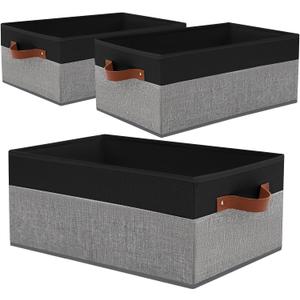3 Pack Large Capacity Storage Bins Closet Organizer for Shelves, Fabric Closet Storage Baskets Boxes with Leather Handles for Organizing Clothes, Sheets, Jeans, Toys, Books (Black and Grey)