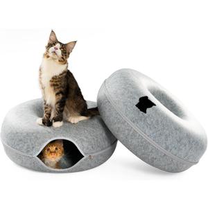 Cattasaurus Peekaboo Cat Cave, Extra Spacious for Multiple & Large Cats 12+ lbs, Scratch Detachable Cat Beds for Indoor Cats, Washable Tunnel Bed, Comfy Cat Donut Tunnel (Light Gray+Light Gray, Jumbo)