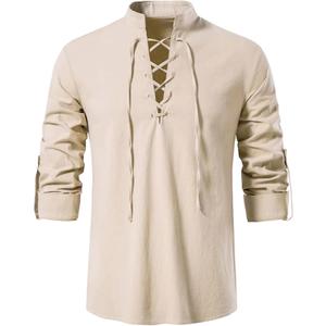 Men's Long Sleeve Shirts Retro Style Lace up for Medieval,Viking,Hippie Halloween Cosplay Pirate Renaissance Costume (X-Large, Beige)