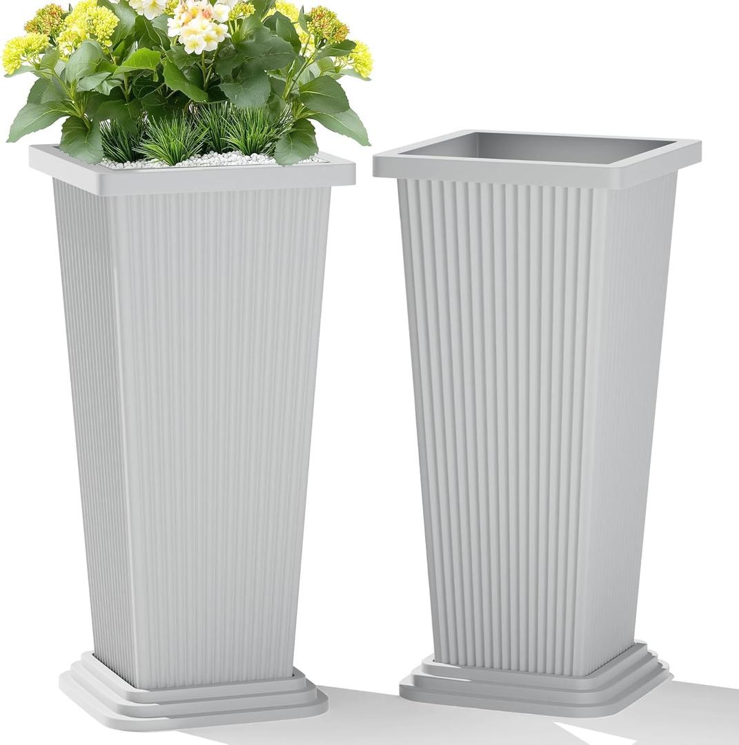 TUYOHW Set of 2 Large Tall Planter for Indoor or Outdoor 24" Flower Pots Tapered Tall Planters with Tray for Porch, Patio, Backyard, Large Planters for Outdoor Indoor Plants(White,Striped)