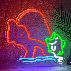 Fishing Neon Sign,Neon fish Sign,Neon Signs for Wall Decor,LED Light Up Man Cave Sign with Fish Rod Graphic,Cool Gifts for Fishermen,Bar,Cabin,Rustic Lake House,USB Powered Neon Light