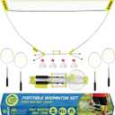 Complete Portable Badminton Set - Quick & Easy Setup - 4 Rackets 2 Birdies Shuttlecock, 1 Net & Badmington Pole Frame for Backyard Park & Beach Games, Indoor Outdoor Sports Equipment for Family Fun