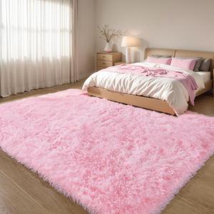 Pink Fluffy Area Rug for Girls' Bedroom, 90"x70" Machine Washable Plush Pastel Shag Rug, Large Soft Furry Carpet for Living Room, Nursery, Kids' Room, or Dorm Décor