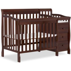 Dream On Me Jayden 4in1 Mini Convertible Baby Crib & Changer with Storage in Espresso, Pinewood, GreenGuard Gold & BSA, 1 Mattress Pad, 3 Mattress Heights, Converts to Mini Day & Twin-Size Bed