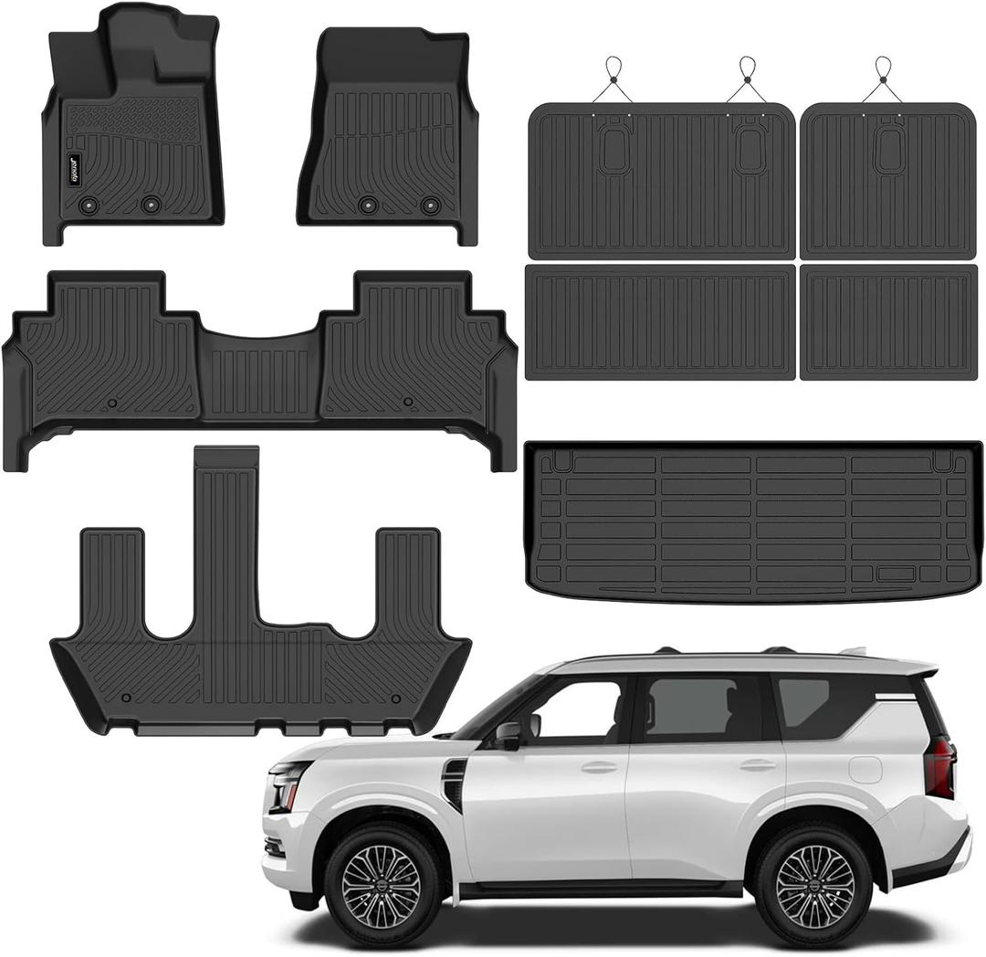 Jenofa-for Nissan Armada & Infiniti QX80 2025 2026 7 Seats Floor Mats Automotive All Weather Car Mat for 2026 Armada Bucket Accessories Waterproof (Floor Mats & Rear Seat Back Mats & Cargo Liner)