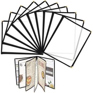10 Pack Menu Covers 6 Page 12 View, 8.26 x 11.69 Inches Transparent Restaurant Recipe Menu Covers Menu Holder with Leatherette Trim & Metal Corners for Bar Cafe Restaurant