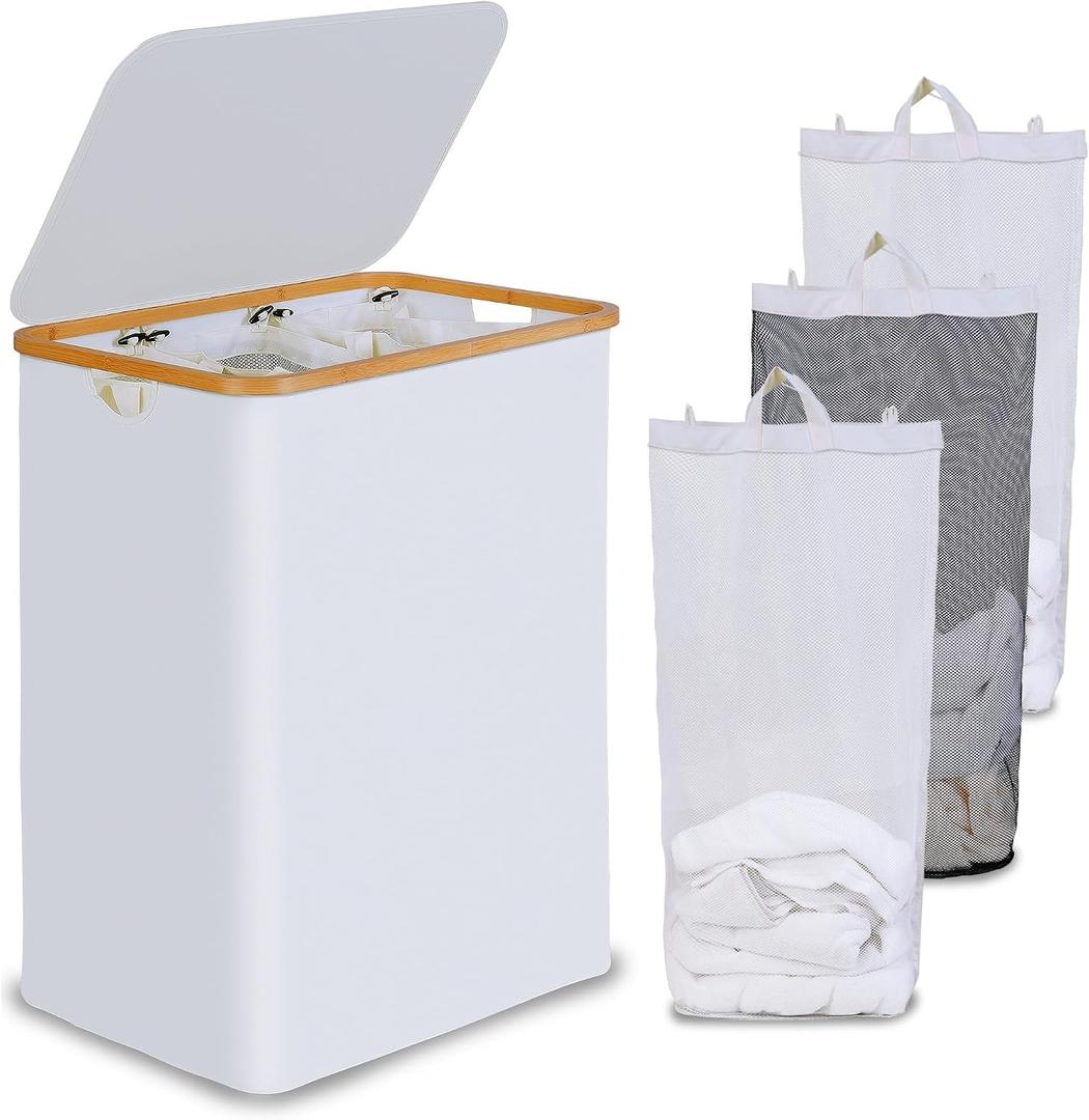 Efluky Laundry Hamper with Lid, Double Laundry Hamper with 2 Removable Bags, 2 Section Laundry Basket with Bamboo Handles for Bathroom, Bedroom & Laundry Room (White, 160L Trio)