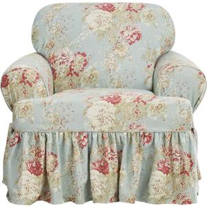Waverly Ballad Bouquet Ruffled T Cushion Chair Slipcover, Chair T Cushion Cover with Cotton Floral One Piece Design and Ruffled Skirt, Machine Washable Chair Cover, Robin's Egg (T Cushion Chair, Robin's Egg)